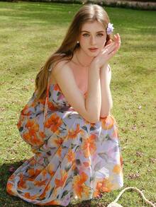 xheVestido largo de tirantes con estampado floral elegante para mujer, ideal para vacaciones de veranoxhe - Morado - Ver 5
