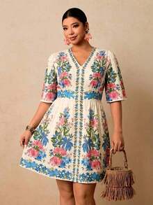 Vestido corto con estampado floral negro para mujer de talla, vestido corto con cuello en V, manga corta y cintura ceñida, vestido romántico para vacaciones en una isla a principios de primavera, vestido bohemio - Blanco - Ver 7