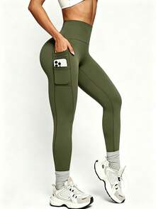 Pantalones de yoga de cintura alta con doble bolsillo, levantamiento y adelgazamiento, mallas de fitness, pantalones ajustados para exteriores, deportes de primavera - Verde militar - Ver 4