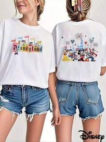 [Disney] Women's T-Shirt, Short-Sleeved, Double-Sided With The Pattern Of "Disney Mickey And The Old Guard", 100% Pure Cotton, Comfortable And Breathable, Suitable For Summer Leisure, Vacation, Play, Daily Wear, Front And Back Cartoon Printed T-Shirt --Disneys Disneyland Paris The Magic Kingdom Disneyesque Holiday Gifts Valentine's Day Gifts Earth Day Gifts Oktoberfest Gifts Summer Bank Holiday Gifts - trắng - Xem 1