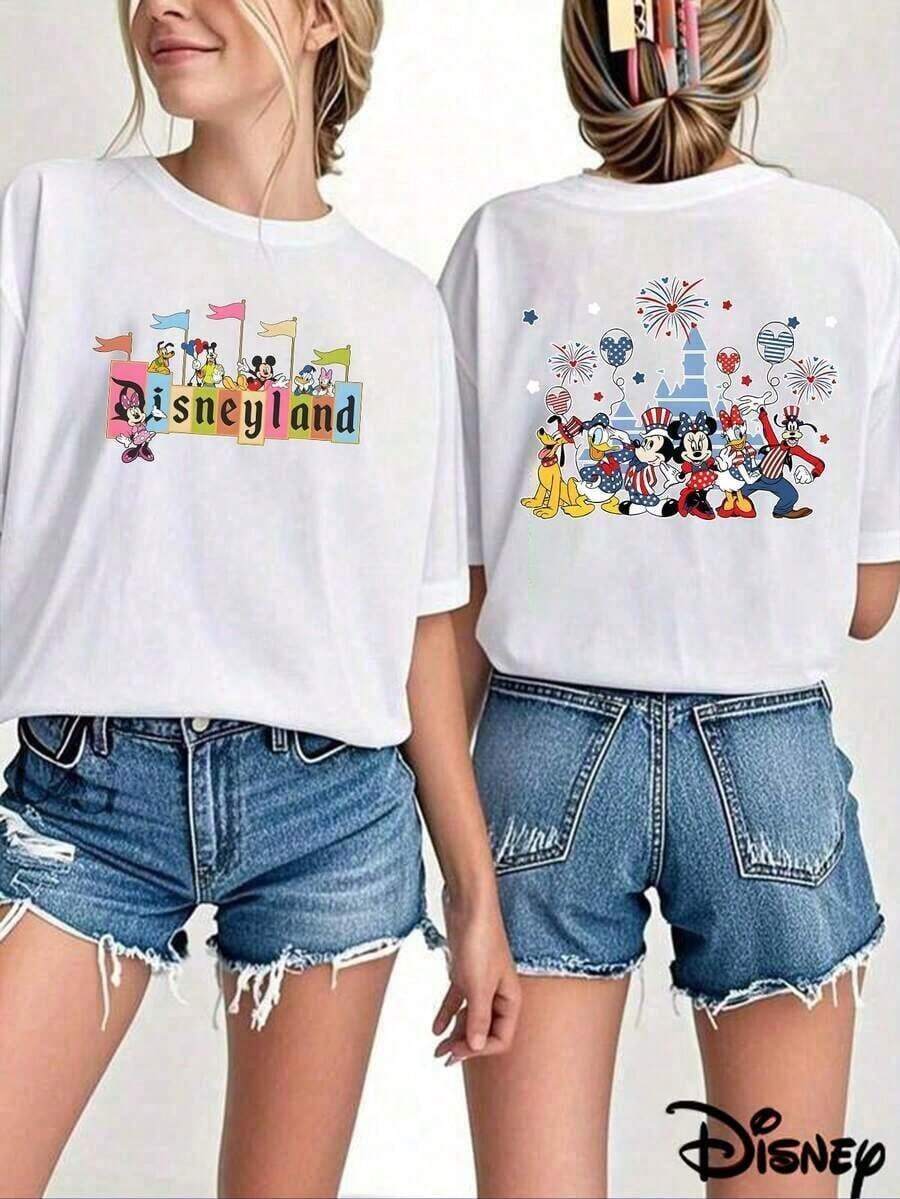 [Disney] Women's T-Shirt, Short-Sleeved, Double-Sided With The Pattern Of "Disney Mickey And The Old Guard", 100% Pure Cotton, Comfortable And Breathable, Suitable For Summer Leisure, Vacation, Play, Daily Wear, Front And Back Cartoon Printed T-Shirt --Disneys Disneyland Paris The Magic Kingdom Disneyesque Holiday Gifts Valentine's Day Gifts Earth Day Gifts Oktoberfest Gifts Summer Bank Holiday Gifts - trắng - Xem 1