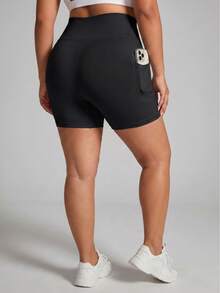 1pc Women's Plus Size High Waist Slimming Yoga Shorts, Seamless Soft Side Pocket Design, Suitable For Daily Outdoor Fitness - Black - View 4