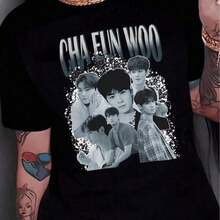 Women's T-Shirt With Cha Eun Woo Print, K-Group Design, Casual Clothing For Korean Drama Fans, Modern And Comfortable Style - 黑色 - 查看 1