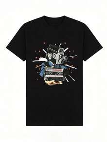 Camiseta informal de manga corta y cuello redondo para niño suave con estampado de cámara y cassette, ideal para primavera y verano.Black - Negro - Ver 2