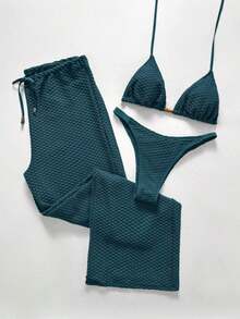 Swim Chiccia Conjunto de bikini de 3 piezas con cobertura y pantalones, de unicolor, de malla hueca para mujer, para vacaciones de verano en la playa - Azul 2 - Ver 3