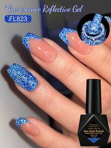 FOUR LILY 1 Bottle Blue Fluorescent Reflective Glitter Gel Nail Polish, 10ml Fluorescent Color Sparkling Sequin Dark Laser Gel Nail Polish, Suitable For Summer Nails, Semi-Permanent Soak-Off UV Gel Nail Polish, Nail Art DIY Home And Salon Use - 藍色 - 查看 1