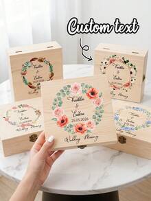 1pc Custom Wedding Memory Box, Personalized Couple Name & Date Wooden Keepsake Box With Floral Wreath Design, Ideal For Storing Wedding Cards - Multicolor - View 1