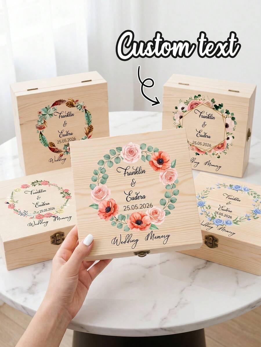 1pc Custom Wedding Memory Box, Personalized Couple Name & Date Wooden Keepsake Box With Floral Wreath Design, Ideal For Storing Wedding Cards - Multicolor - View 1