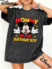 Disney Mommy Of The Birthday Boy Mickey Graphic Washed Unisex TShirt, 100% Cotton Oversized Vintage Short Sleeve Tee, Birthday Family Matching Themed Casual Top - màu đen - Xem 1