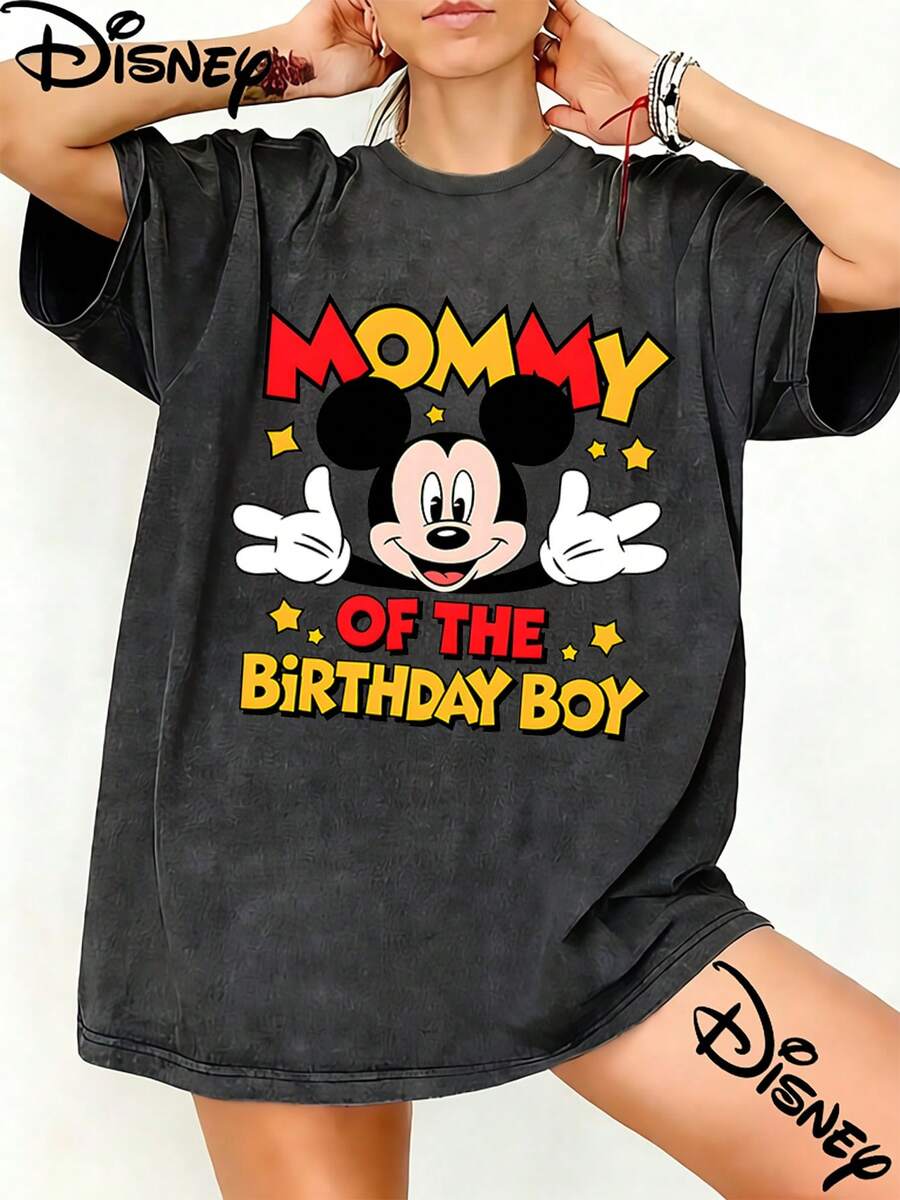 Disney Mommy Of The Birthday Boy Mickey Graphic Washed Unisex TShirt, 100% Cotton Oversized Vintage Short Sleeve Tee, Birthday Family Matching Themed Casual Top - màu đen - Xem 1
