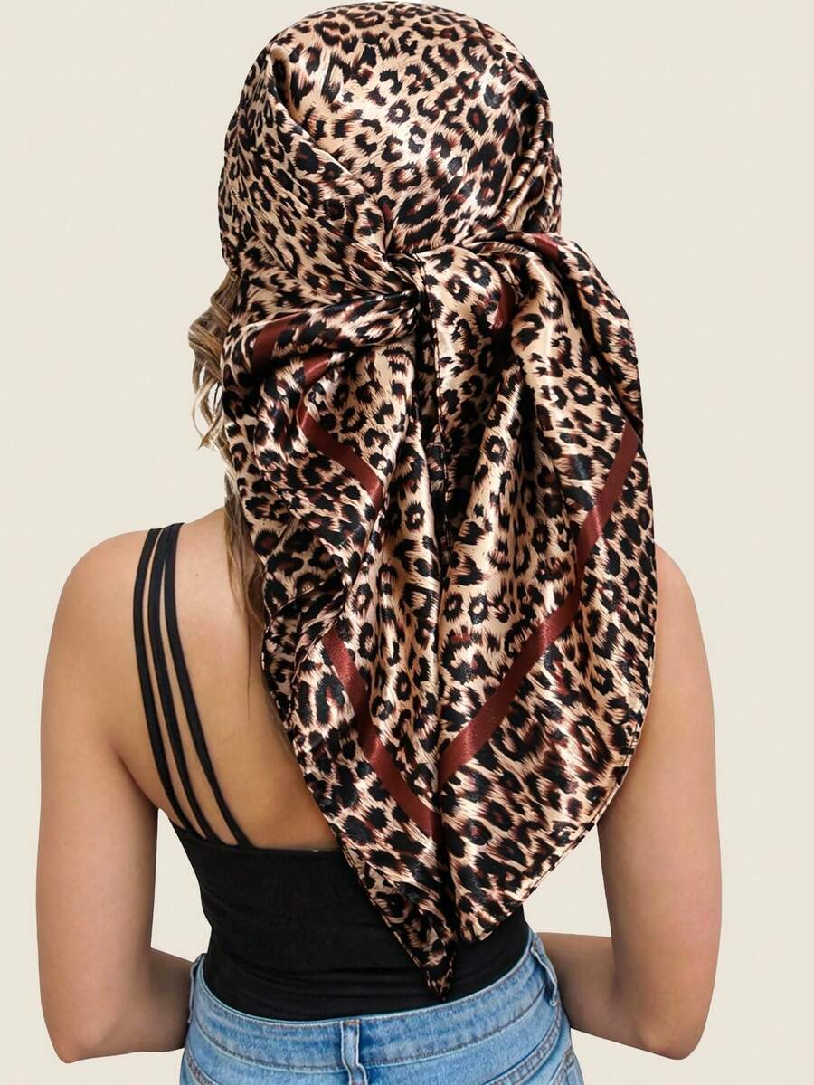 1 Stück 70/90cm Damen Leopardenmuster quadratischer Schal, Sonnenschutz, vielseitiger Kopftuch, Seidenschal, Sommer - 02-Kaffee - Übersicht 1