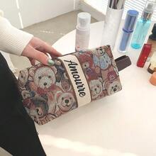 女款可愛熊圖案帆布手提化妝包兼盥洗用品收納袋，大容量便攜，適合通勤與旅行 - 彩色 - 查看 9