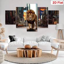 5 piezas de arte en lienzo sin marco con impresión abstracta moderna de león, decoración de pared de león, león majestuoso en su hábitat natural con agua reflectante y vegetación, lienzo con marco de madera para decoración de sala de estar, dormitorio, oficina, listo para colgar - león - Ver 5