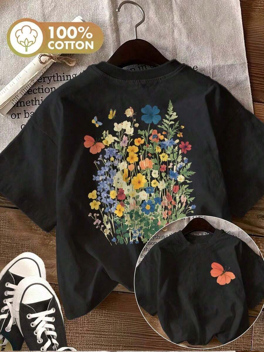 [Double-Sided Print] Women's Summer Casual Tops, Watercolor Style, Flower And Butterfly Print, Round Neck, Pure Cotton Short Sleeve T-Shirt [LingK] Spring Outfit, Cotton T-Shirt. - 黑色 - 查看 1