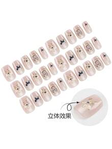 30片梯形假指甲/可爱卡通3D打印简约时尚设计女士假指甲贴片，适合聚会、节日和日常使用，附赠1片果冻胶和1条摩擦条 - 彩色 - 查看 2