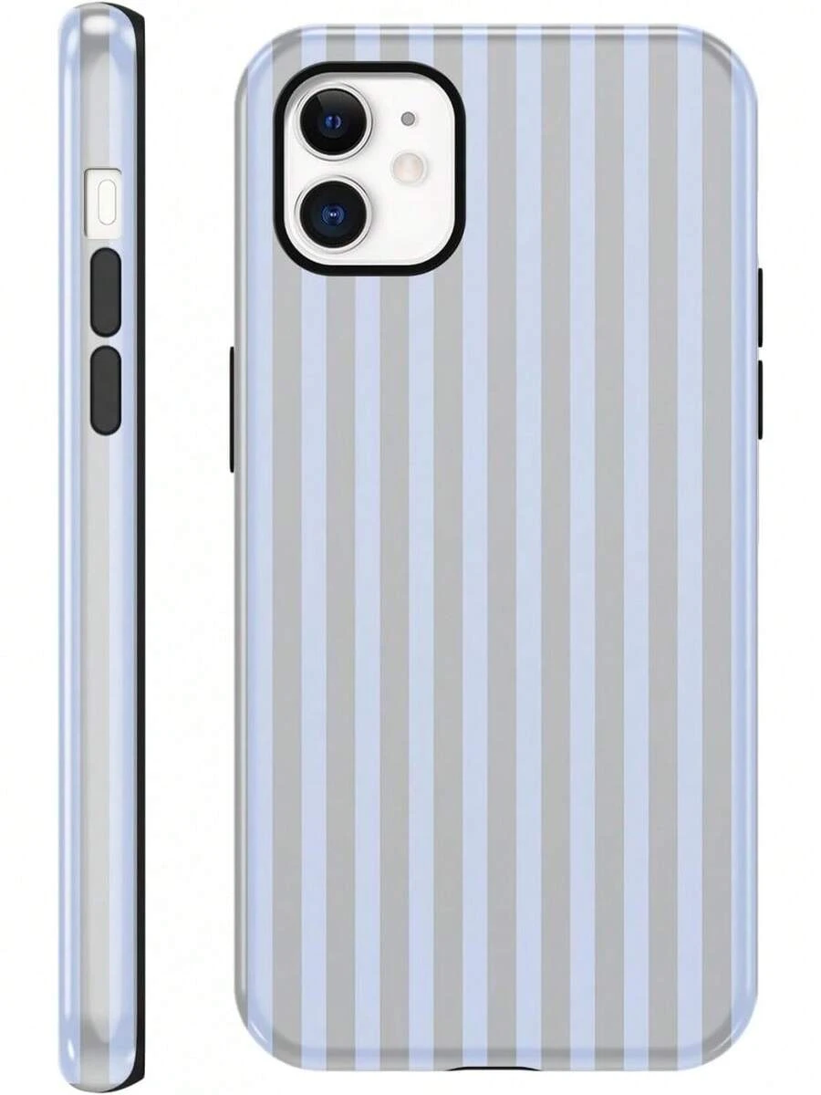 iPhone15 Handyhülle, ,, Sommer-Streifenmuster, geeignet für Frauen und Mädchen, Zwei-in-Eins-Schutzhülle, Silikonhülle, bedrucktes Design, kratzfeste Schutzhülle, weiß und grau. - Weiß 6 - Übersicht 1