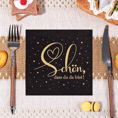 20pcs/40pcs/60pcs,German Black & Gold "Schön Dass Du Da Bist" Napkins, 2-Ply 13 Inch Disposable Paper Tissues With Loving-Heart Print Elegant Party Decor, For Weddings, Einschulungs Party Baptisms & Family Celebrations