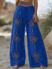 Talla Grande - Talla Grande - Nuevo Diseño Primavera/Otoño Niche Pantalones Casuales Holgados Retro de Cintura Alta con Estampado Aleatorio de Pierna Ancha - Azul - Ver 12