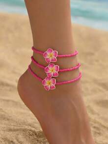 3pcs Bohemian Soft Ceramic Plumeria Pendant Seed Bead Anklet For Women, Daily Beach Vacation Wear, Summer Foot Jewelry - Hot Pink - View 1