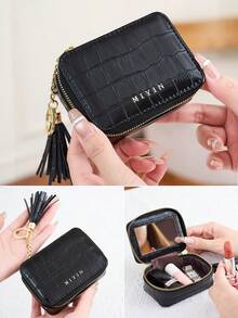 FOREVER MIYIN 1pc Crocodile Pattern Mini Cosmetic & Jewelry Storage Box, Built-In Mirror And Keychain, Zipper Closure, Lipstick Storage Bag, Cosmetic Organizer, Portable Compact Travel Makeup Bag, Suitable For Women's Daily Use, Outdoor Travel And Girls' Carry, Valentine's Day Gift, Mother's Gift, Girlfriend Gift - Multicolor - View 8