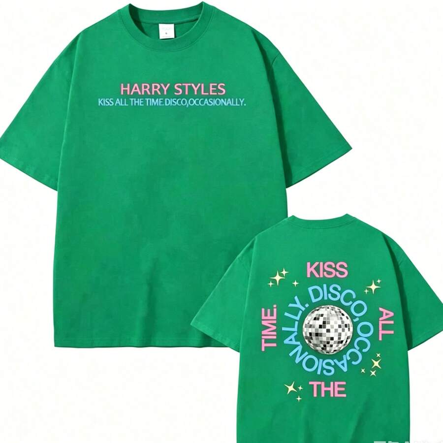 T-Shirt With A Print Of ' New Album, "Kiss All The Time" (2026), High Quality, Harajuku Summer Style, Pure Vintage Style, Unisex, Loose Fit, Cotton, Short Sleeve, Round Neck, Blouses For Women. Casual Blouses For Ladies. Print. Print T-Shirt. - 綠色 - 查看 1