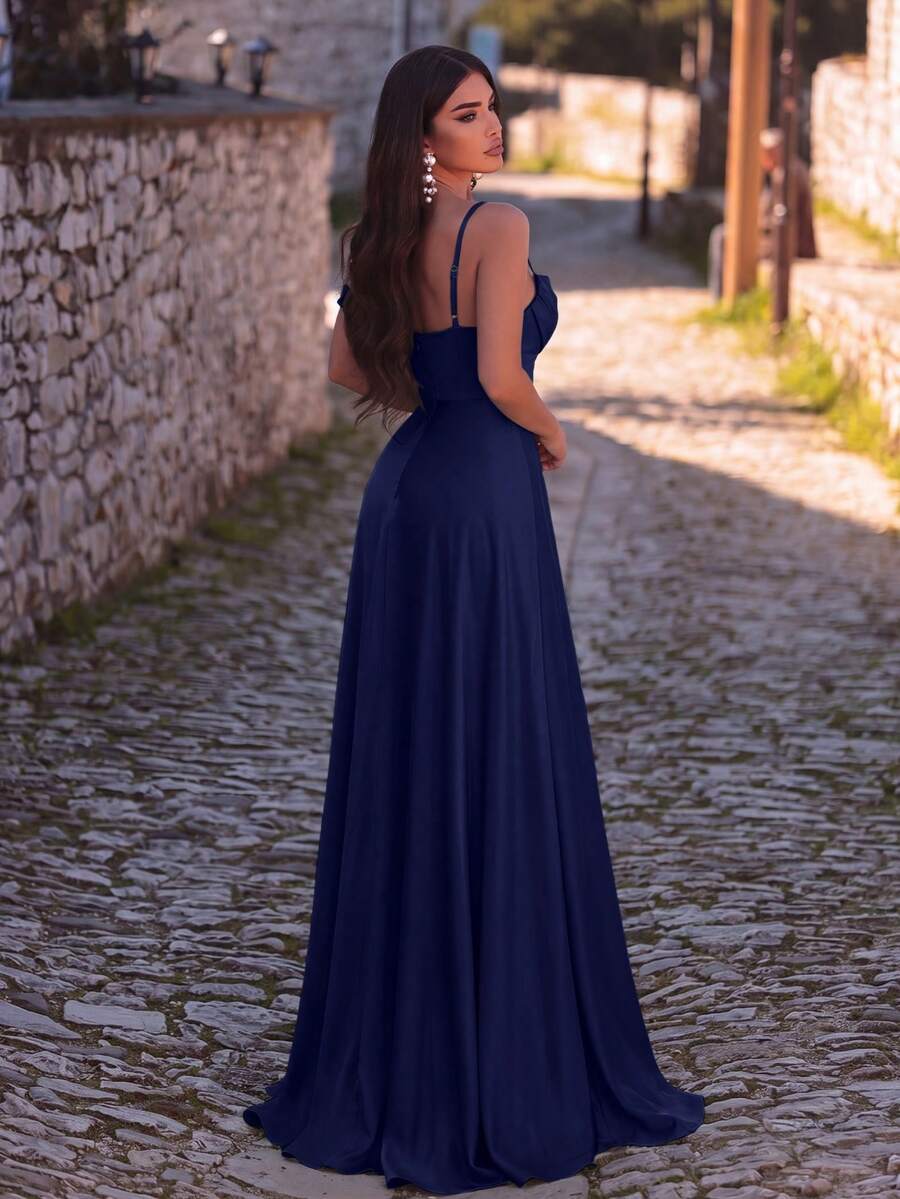 Faeriesty Đầm maxi dệt kim không tay thanh lịch dành cho phù dâu, xẻ tà sau, phù hợp cho các đám cưới và sự kiện mùa xuân/hè. - Màu xanh hải quân - Xem 1