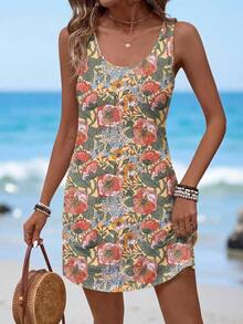 Vestido corto sin mangas con cuello redondo y estampado floral vintage casual para mujer, apropiado para el verano - Multicolor 9 - Ver 4