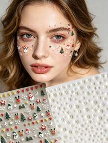 1 Set Y2K Christmas Theme Face Jewel Stickers, 3D Reindeer, Snowman, Christmas Tree Decorative Stickers With Rhinestones, Easy To Create Glowing Makeup Look, Dreamy Holiday Atmosphere, Suitable For Christmas Party, Themed Photoshoot, Holiday Date, Cute And Eye-Catching Look - Multicolor - View 1