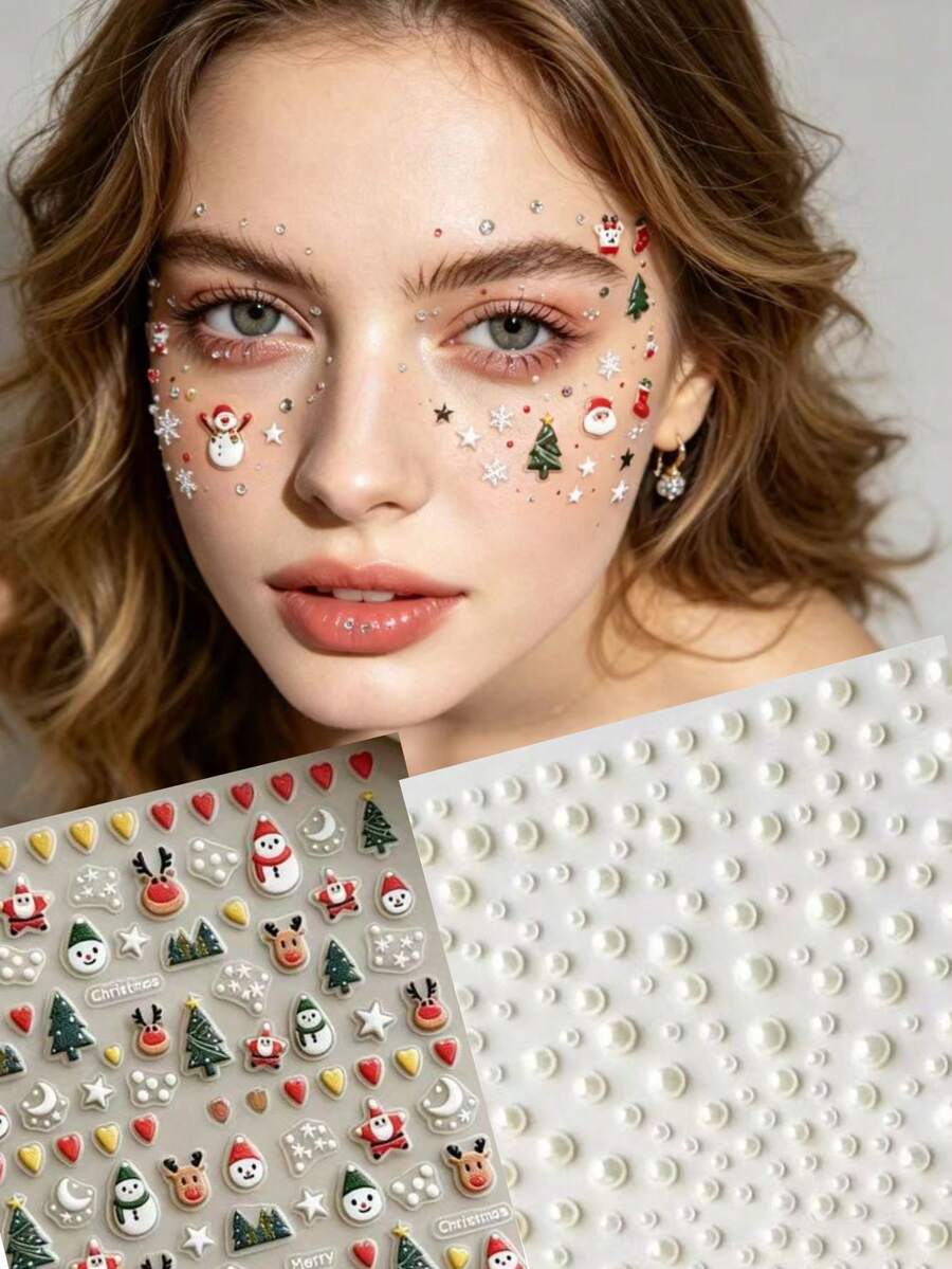 1 Set Y2K Christmas Theme Face Jewel Stickers, 3D Reindeer, Snowman, Christmas Tree Decorative Stickers With Rhinestones, Easy To Create Glowing Makeup Look, Dreamy Holiday Atmosphere, Suitable For Christmas Party, Themed Photoshoot, Holiday Date, Cute And Eye-Catching Look - Multicolor - View 1