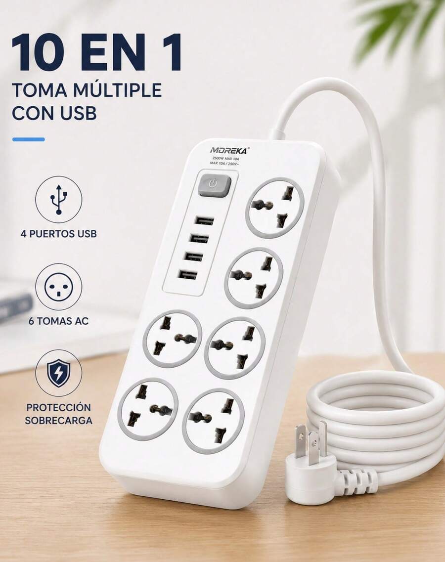 Multi-Contact Power Strip Extension With 4 USB Ports And 6 Outlets - White - View 1