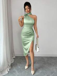 abyoxi Gaun Midi Wanita Satin Hijau Elegan dengan Hiasan Ruffle Bunga 3D di Bagian Bawah dan Belahan, Cocok untuk Liburan Pantai, Pesta, Wisuda, Pernikahan, Kencan, dan Acara Musim Semi/Panas - Hijau muda - View 7