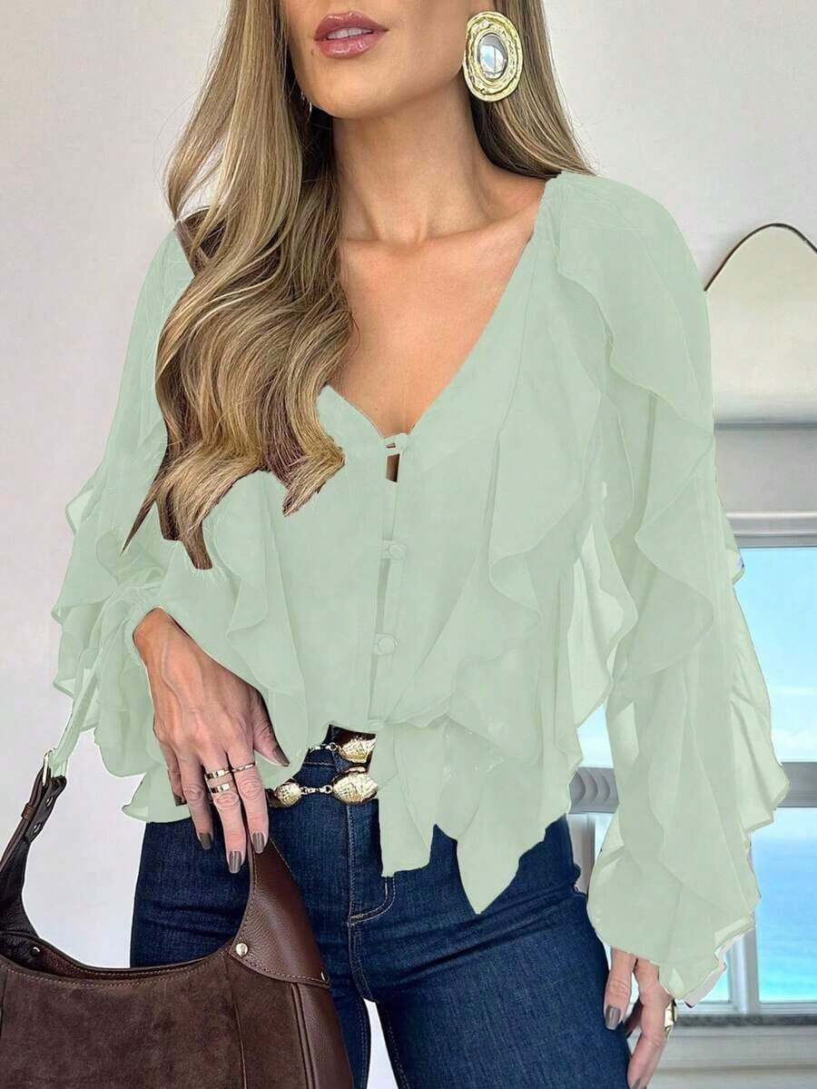 Blusa casual de gasa con cuello en V elegante, manga larga, con volantes y botones asimétricos, para el verano - Verde - Ver 1