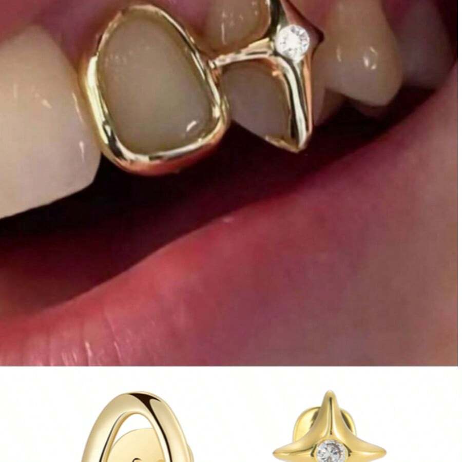 1pc Vintage Metal Cross Rhinestone Tooth-Shaped Women's Jewelry - Gold - View 1