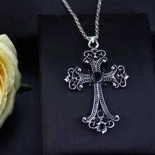 1pc Vintage European & American Cross Pendant Necklace, Inlaid With Rhinestones, Baroque Floral Pattern, Classical Religious Jewelry Cross Necklace - Pendant Necklace - View 5