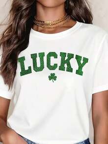 Lucky Shamrock T-Shirt For St. Patrick's Day, Women's Graphic Tee, White With Bright Green Lettering, Casual Crop Top, Lucky Shamrock Design, 100% Pure Cotton, Bohemian Style. - 白色 - 查看 6
