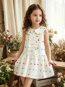 Girls' Pure White Sleeveless Dress With A Peter Pan Collar, Vertical Ruffles, And A Loose A-Line Skirt With Colorful Heart Prints All Over - White - View 3