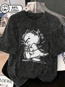Plus Size Women's Fashion & Casual T-Shirt Cute Cat Print Tee With Vintage Washed Crew Neck, Ideal For Daily Wear And Commuting Summer Top Black - Black - View 1