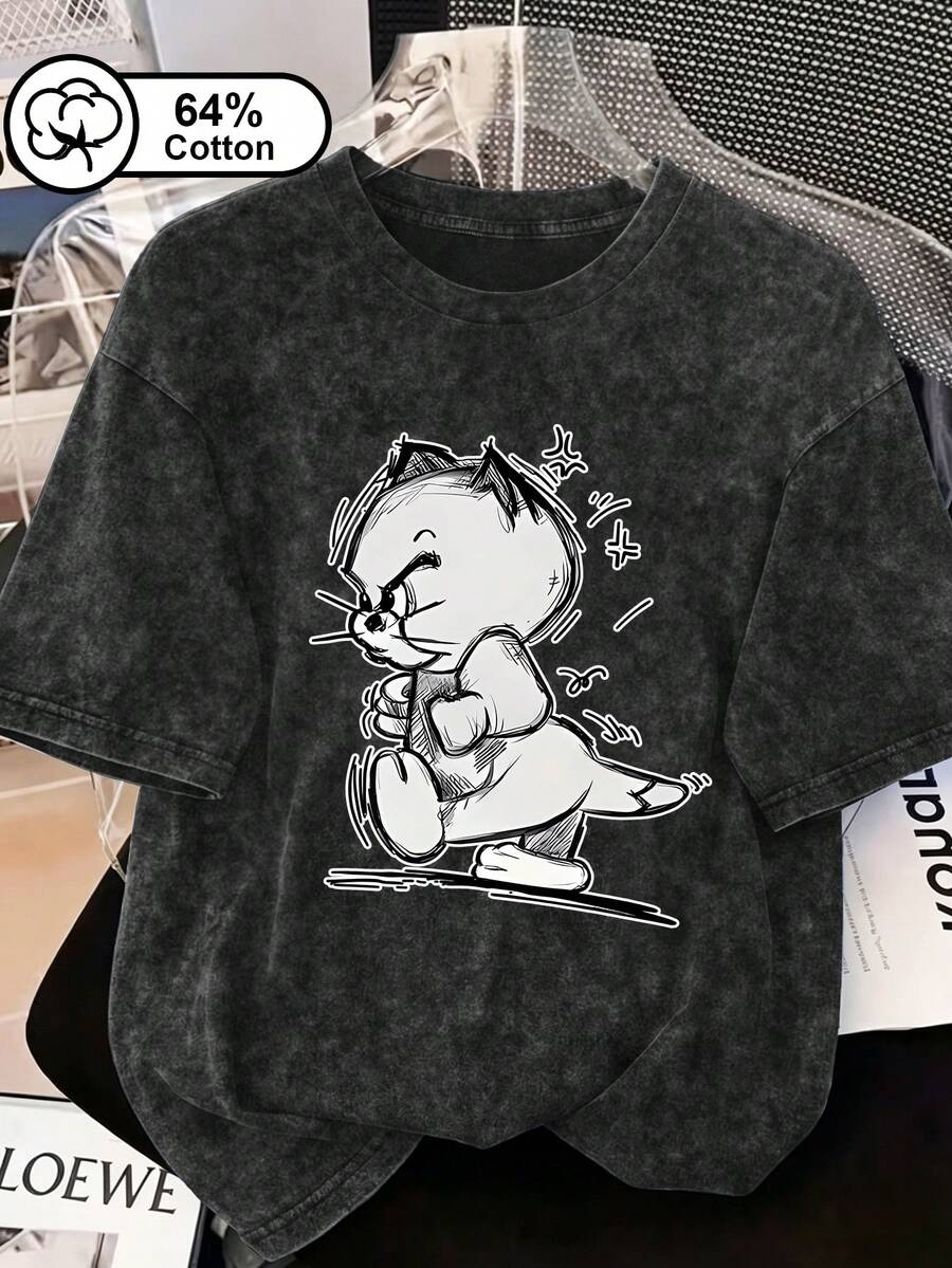 Plus Size Women's Fashion & Casual T-Shirt Cute Cat Print Tee With Vintage Washed Crew Neck, Ideal For Daily Wear And Commuting Summer Top Black - Black - View 1