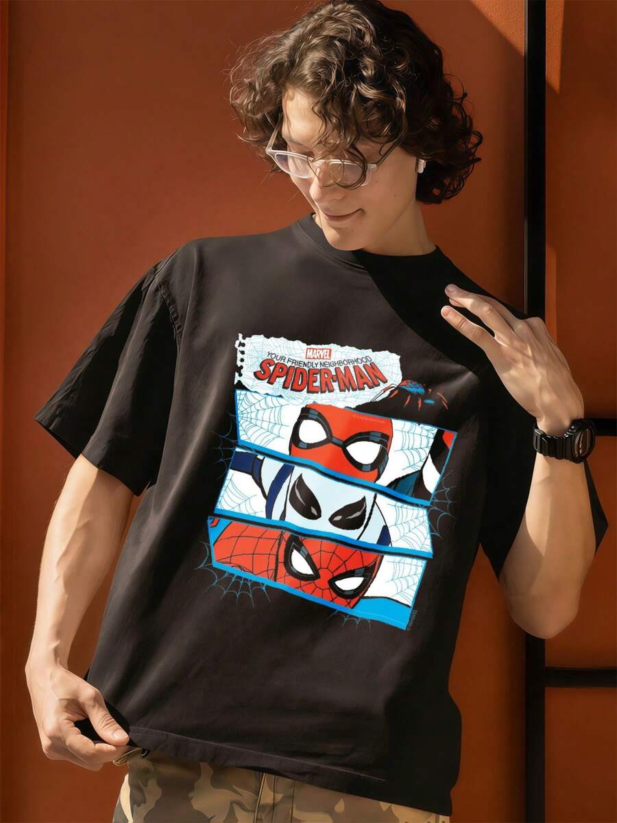 Men's MARVEL Spider-Man Comic Strip Design Graphic T-Shirt, 100% Cotton Summer Streetwear Tee, Great Gift Idea - Black - View 1
