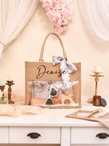 Personalized Bridesmaid Linen Tote Bag With Name, Customized Jute Bag, Letter Print Beach Bag, Monogrammed Gift Bag For Bachelorette Party - Multicolor - View 6