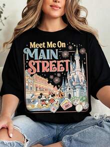 Disney "Meet Me On Main Street" Family Trip Oversized T-Shirt Unisex, 100% Cotton Vintage Short Sleeve Casual Top, Mickey & Friends Matching Graphic Print Tee - màu đen - Xem 1