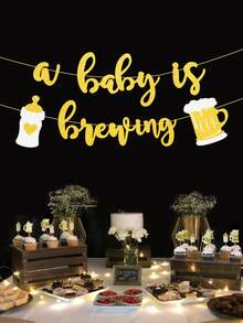 1 Set A Baby Is Brewing Gold Glitter Banner With Baby Bottle & Beer Mug, Beer Themed Coed BabyShower Decorations, Couples BabyShower & Gender Reveal Party Decor - View 1