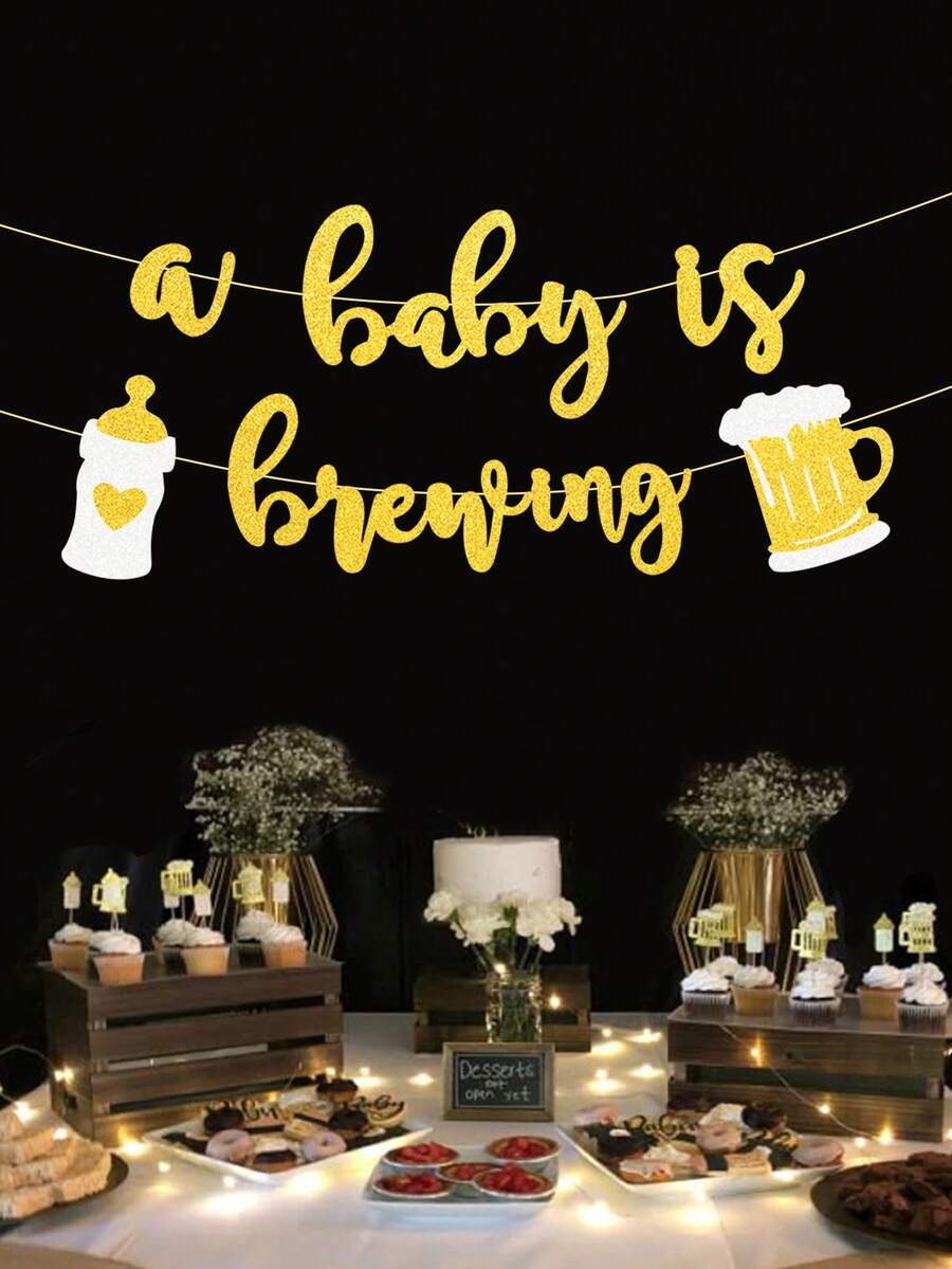 1 Set A Baby Is Brewing Gold Glitter Banner With Baby Bottle & Beer Mug, Beer Themed Coed BabyShower Decorations, Couples BabyShower & Gender Reveal Party Decor - View 1