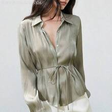 Yunuo Menswear  Nueva blusa elegante y versátil para mujer, diseño sencillo y elegante con un cinturón de satén brillante, manga larga con cuello, silueta favorecedora de la cintura ceñida - Café integral - Ver 6
