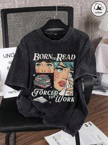 Trus Cotton, Camiseta de Verano para Mujer con Estampado Divertido de Estilo-Hop Cartoon Girl, Diseño Personalizado, Estilo Urbano, Versión Coreana de Moda Retro Cómoda, Versátil, Estilo Y2k, Chaleco para Mujer, Adecuado para Ocio al Aire Libre, Estilo Punk de Nicho Regular, Camiseta Blanca de Cuello Redondo Ajustada para Mujer, Lavada con Efecto Envejecido, Casual. - Negro - Ver 1