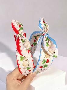 1pc Korean Style Cartoon Rabbit & Strawberry Print Bow Headband, Cute Girl Style Crown Headpiece, Versatile Hair Accessory For Daily Wear, Commuting, Travel, Photo Shoots Hairband - Multicolor - View 2