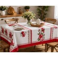 Luxury Oxford Rustic Linen Tablecloth For 4/6/8 People, Various Prints - Red Floral - View 1