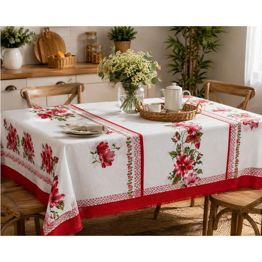 Luxury Oxford Rustic Linen Tablecloth For 4/6/8 People, Various Prints - Red Floral - View 1