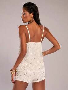 2026 Top de mujer con tirantes de lentejuelas de color marrón oscuro con cuello en V profundo y unicolor, camiseta interior de mujer con lentejuelas, camiseta interior de otoño/invierno, para ocasiones de fiesta y cóctel - Blanco 2 - Ver 2