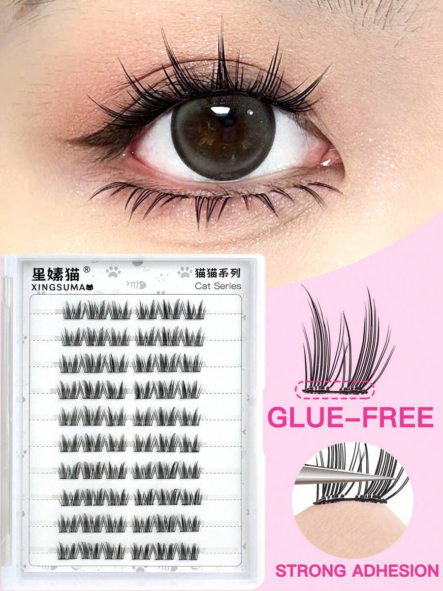 OBOVAY 90/180 Clusters C-Shaped False Eyelashes, Glue & Remover Free, Single Cluster Style, Korean Girl Group Look, Mixed Length 9/10/11/12mm, 0.07mm Natural Effect, DIY Grafting Lashes, 10 Rows Ultra Light Fan-Shaped Self-Adhesive Eyelashes, Cat Eye Design, Suitable For Daily, Cosplay, Party & Nightclub Makeup, Beginner Makeup Tool, Ideal Gift For Women, Mother's Day & Graduation Season, Must-Have Makeup Essentials - 黑色 - 查看 1